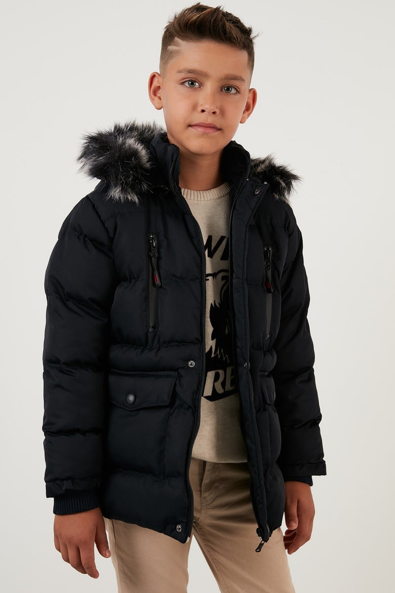 Lela Plush Lined Removable Hooded Winter Coat with Pockets Boys' Coat 5760022  - Image 2