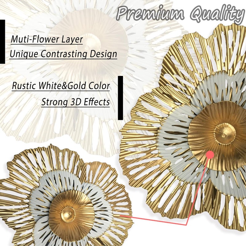 Picfarce 10" Metal Flower Wall Art Decor, Rustic Modern Floral Sculpture, Distressed Iron Wall Hanging Home Decoration Accent Artworks for Indoor Kitchen Bedroom Living Office Outdoor Garden Patio (36B-Gold) - Image 2