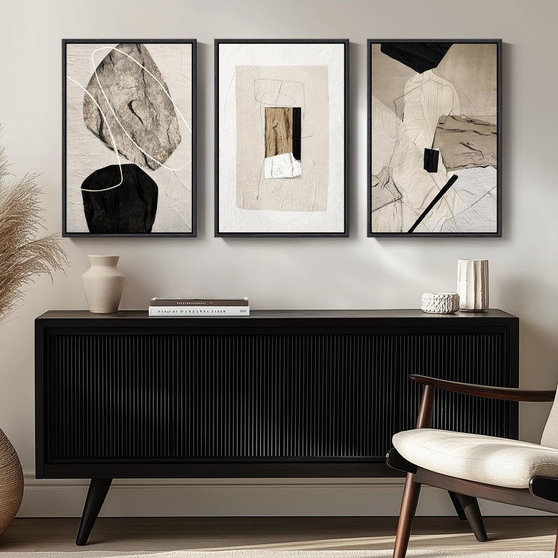 Cuspin Large Framed Neutral Abstract Wall Art, 3 Piece Modern Canvas Prints Paintings Artwork for Walls, Minimalist Black Beige Pictures for Living Room Hallway Dining Room Bedroom Wall Decor -Total 30x60 In - Image 4
