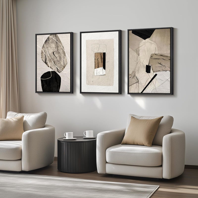 Cuspin Large Framed Neutral Abstract Wall Art, 3 Piece Modern Canvas Prints Paintings Artwork for Walls, Minimalist Black Beige Pictures for Living Room Hallway Dining Room Bedroom Wall Decor -Total 30x60 In - Image 2
