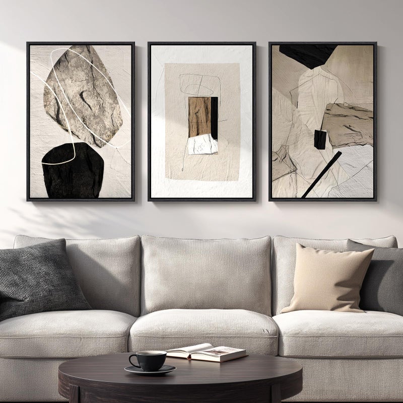 Cuspin Large Framed Neutral Abstract Wall Art, 3 Piece Modern Canvas Prints Paintings Artwork for Walls, Minimalist Black Beige Pictures for Living Room Hallway Dining Room Bedroom Wall Decor -Total 30x60 In - Image 1
