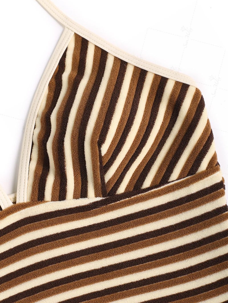 Tankini Set Striped Colorblock Halter Deep Coffee M - Image 3