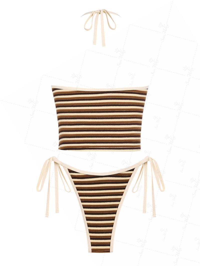 Tankini Set Striped Colorblock Halter Deep Coffee M - Image 2