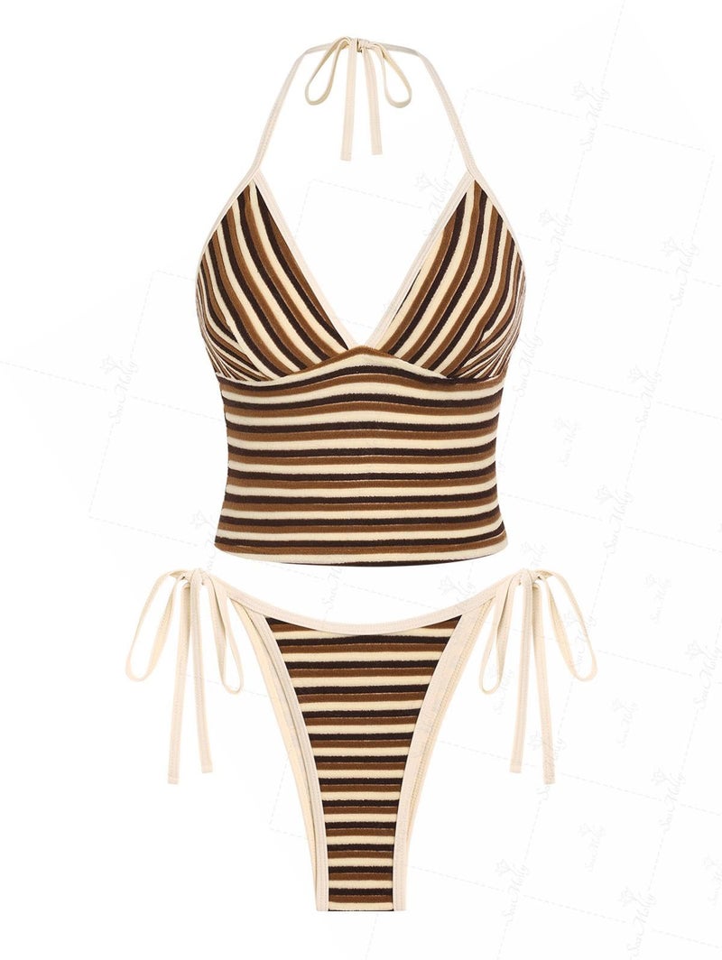 Tankini Set Striped Colorblock Halter Deep Coffee M - Image 1
