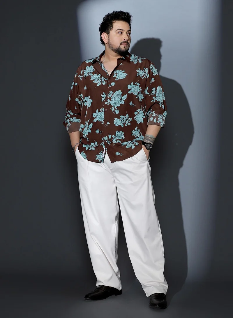 انستافاب بلس Instafab Plus Men Contrast-Roses Imprint Shirt | Spread Collar , Long Cuffed Sleeves | Button Closure , Curved Hem | Floral Print Woven Fabric For Street & Casual Wear | Powder Blue & Chocolate Brown