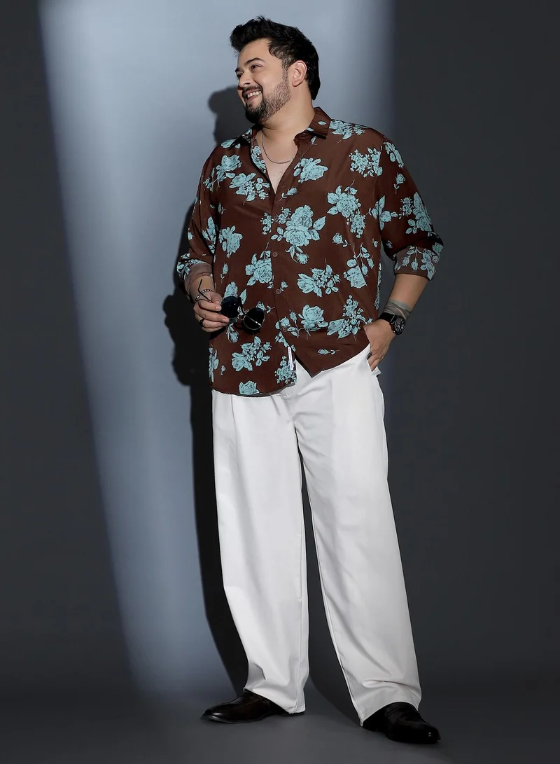 انستافاب بلس Instafab Plus Men Contrast-Roses Imprint Shirt | Spread Collar , Long Cuffed Sleeves | Button Closure , Curved Hem | Floral Print Woven Fabric For Street & Casual Wear | Powder Blue & Chocolate Brown