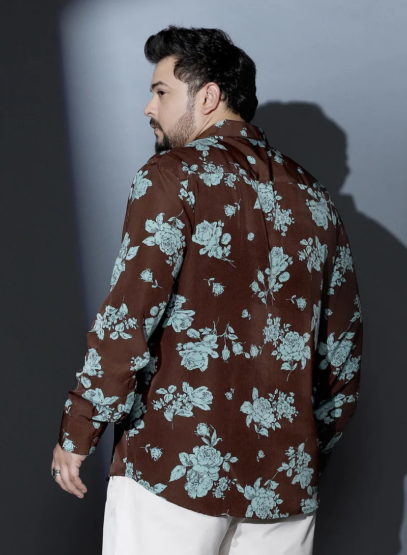 انستافاب بلس Instafab Plus Men Contrast-Roses Imprint Shirt | Spread Collar , Long Cuffed Sleeves | Button Closure , Curved Hem | Floral Print Woven Fabric For Street & Casual Wear | Powder Blue & Chocolate Brown