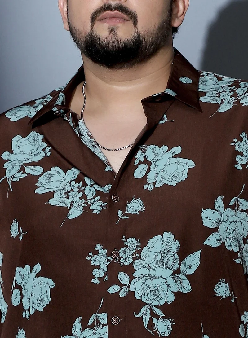 انستافاب بلس Instafab Plus Men Contrast-Roses Imprint Shirt | Spread Collar , Long Cuffed Sleeves | Button Closure , Curved Hem | Floral Print Woven Fabric For Street & Casual Wear | Powder Blue & Chocolate Brown