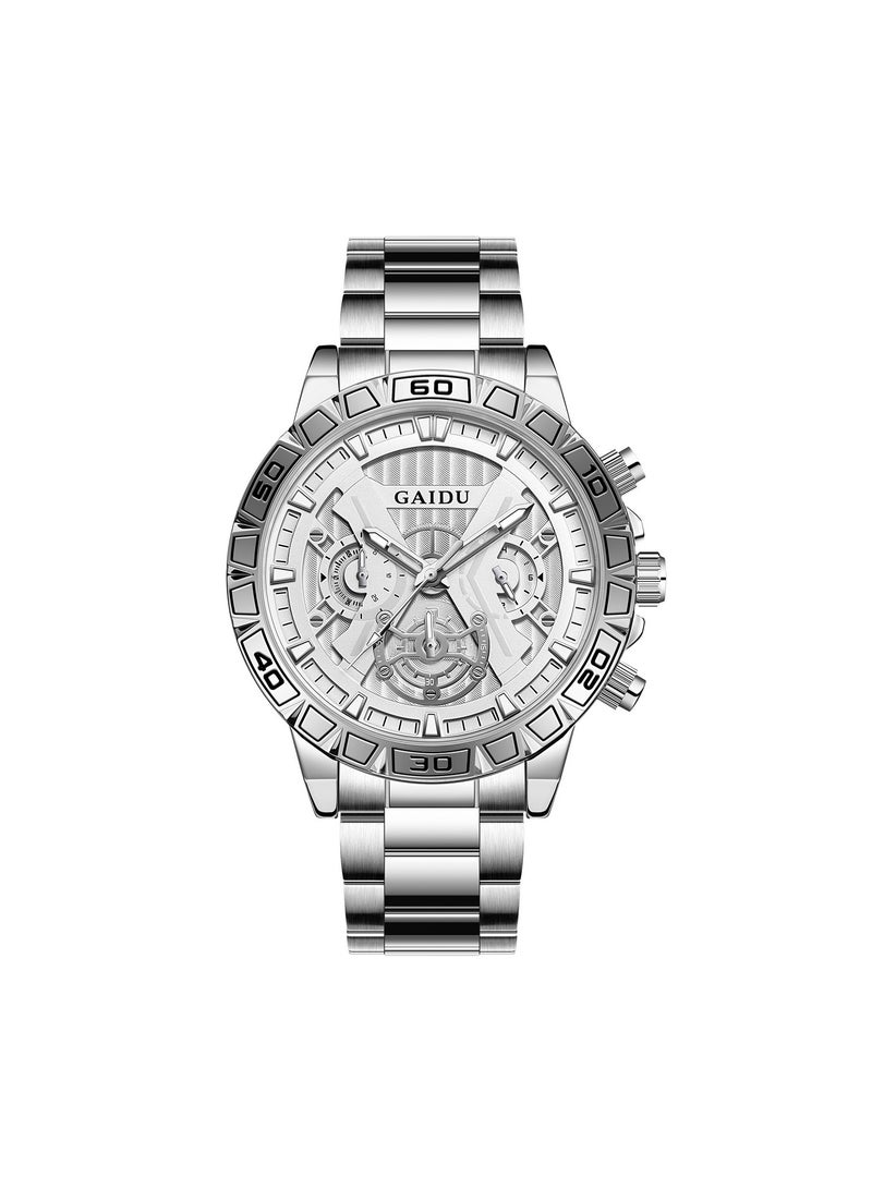xozgdovg Men's watch cool sports men's watch multifunctional mechanical wind quartz watch waterproof luminous watch male /KD9022 silver shell white steel belt  - Image 1