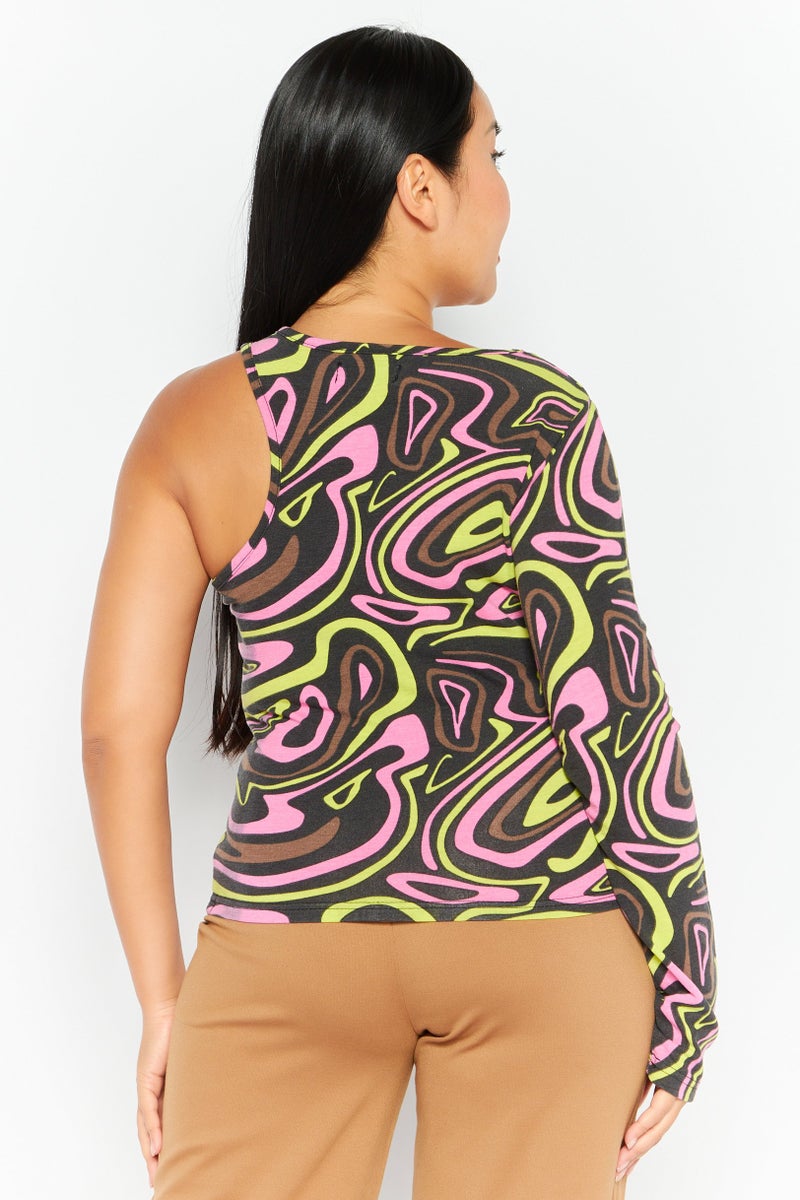 Heartbreak Women Round Neck One Shoulder Abstract Print Top, Multicolor - Image 3