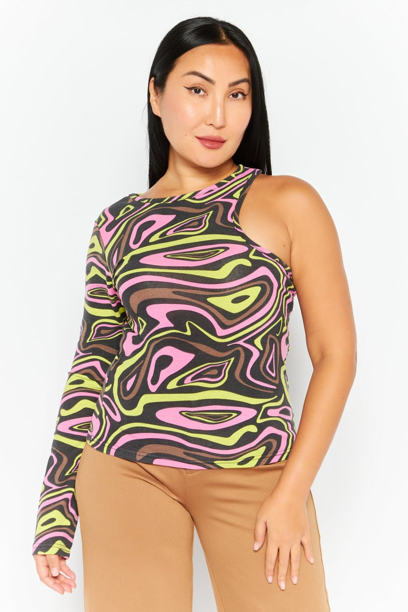 Heartbreak Women Round Neck One Shoulder Abstract Print Top, Multicolor - Image 1