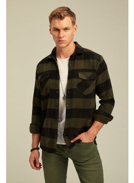 Cool Tarz Cool Style Khaki Men's Slim Fit Button-down Collar Double Pocket Lumberjack Plaid Shirt  - Image 1