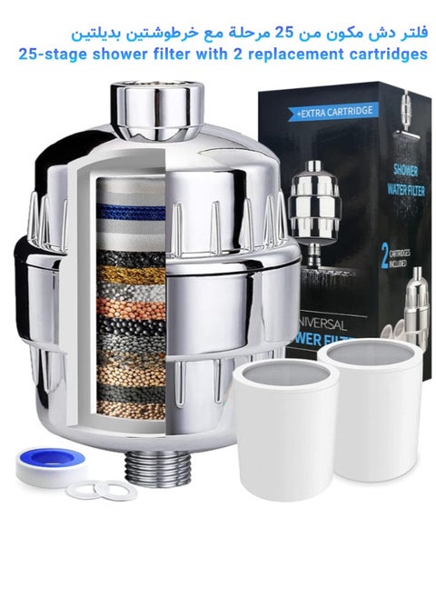 25 Stage Shower Filter-Shower Head Filter For Hard Water, (with 2 Replaceable Filter Cartridges) Remove Chlorine Fluoride Water Softener, Faucet Filter for Bathroom Kitchen Washroom