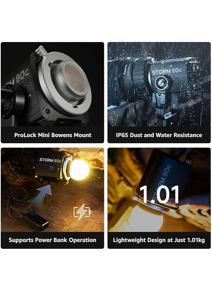 Aputure - Aputure STORM 80c RGBACL Full-Color LED Video Light, 80W Portable Point Light with 1800-20000K CCT Range, IP65 Waterproof, Multiple Dimming Modes, V-Mount Support, Sidus Link APP Control - Image 1