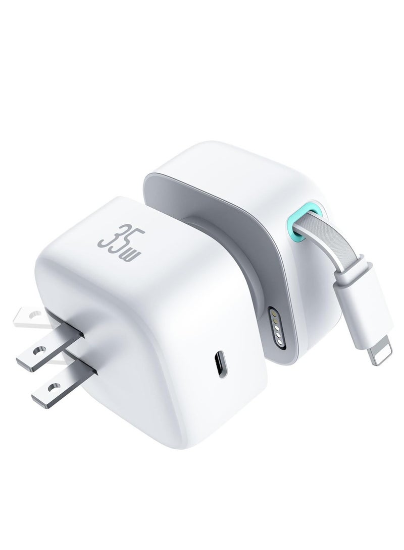 أوسامس شاحن قابل للسحب لجهاز iPhone، وحدة شاحن سريع PD بقوة 35 وات مع كابل قابل للسحب (31.5 بوصة) ومنافذ من النوع C، محول شاحن محمول لجهاز iPhone 14/13 Pro Max/iPad/AirPods - Image 1