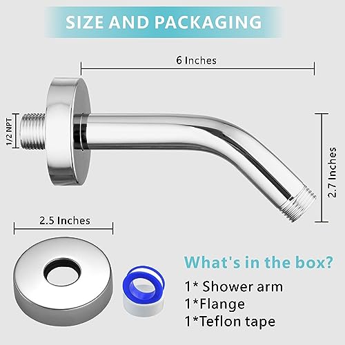 Nuodan Shower Arm with Flange, 6 Inches Wall Mount Replacement Shower Head Arm For Fixed Shower Head and Handheld Showerhead, Chrome - Image 2
