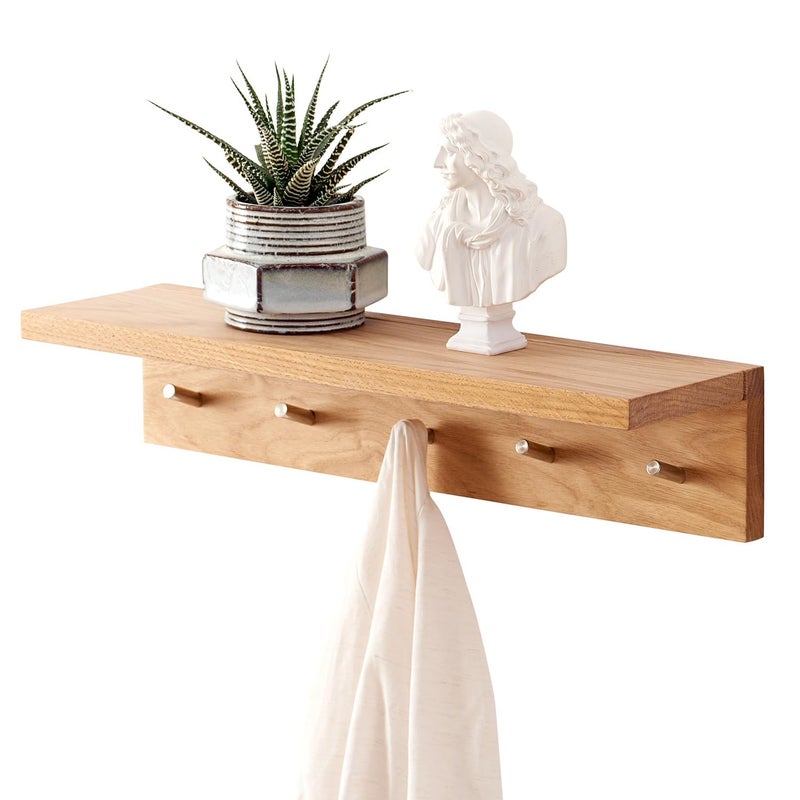 TRWISWDC Coat Rack Shelf Wall Mounted Oak Wood Entryway Shelf with 5 Hooks Wall Coat Hook Rack with Floating Shelf for Bedroom Living Room Kitchen Natural20 inch
