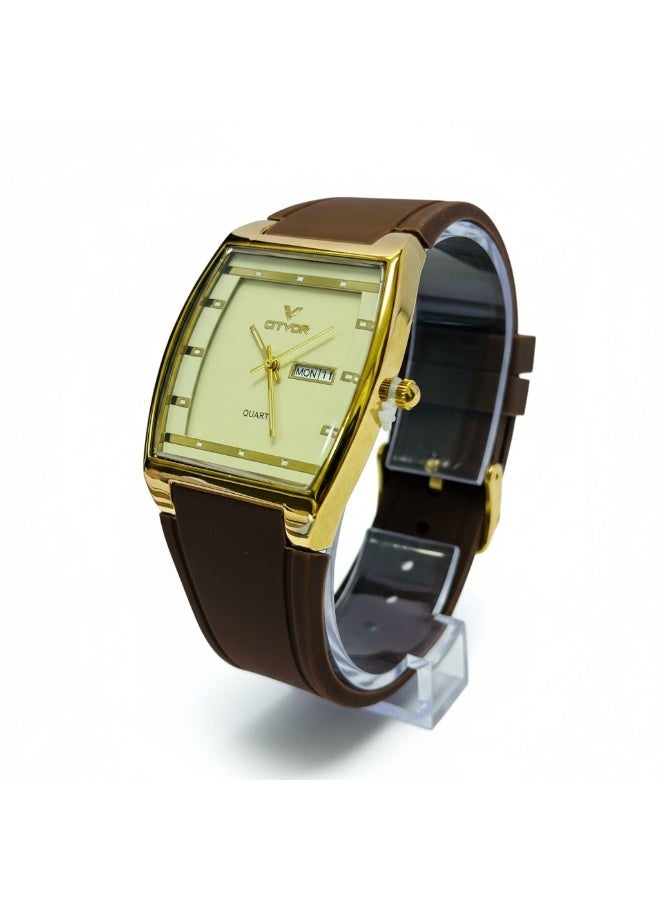 CITVOR Regal Classic CT3588 Men’s Analog Quartz Watch Square Dial Brown Rubber Strap Gold Case Day Date Display - Image 3