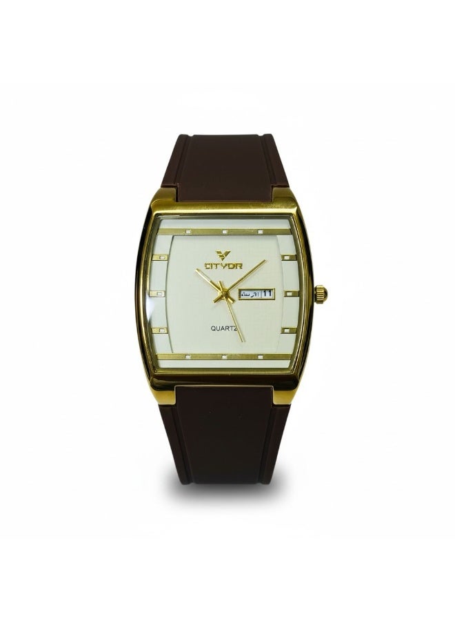 CITVOR Regal Classic CT3588 Men’s Analog Quartz Watch Square Dial Brown Rubber Strap Gold Case Day Date Display - Image 2