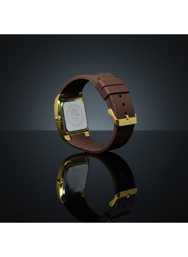 CITVOR Regal Classic CT3588 Men’s Analog Quartz Watch Square Dial Brown Rubber Strap Gold Case Day Date Display - Image 4