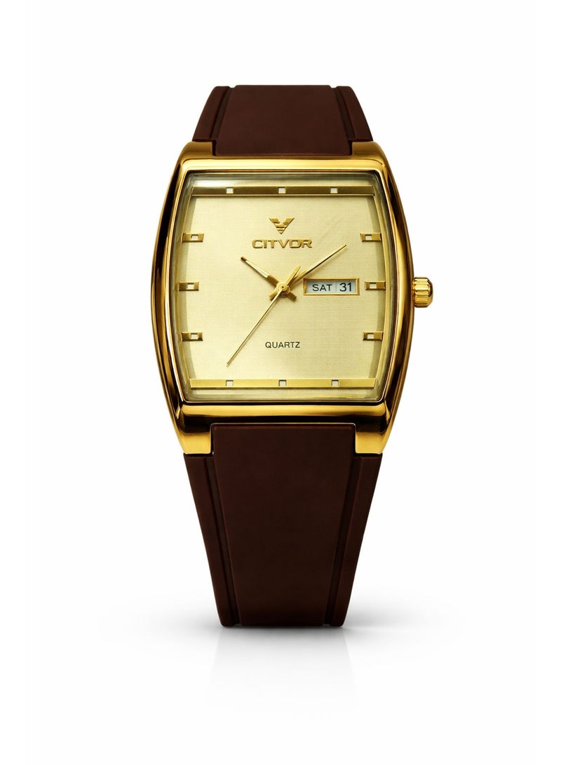 CITVOR Regal Classic CT3588 Men’s Analog Quartz Watch Square Dial Brown Rubber Strap Gold Case Day Date Display - Image 1