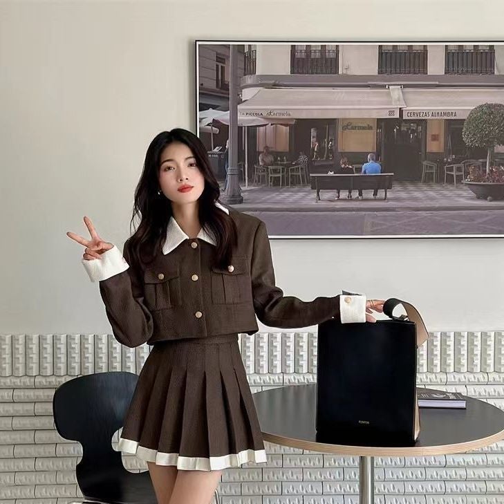 2022 French Contrast Chic Autumn Winter Outfit Brown jacket - Image 1
