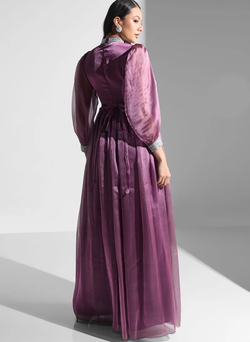 Golden Apple Embellished Puff Sleeve Dress