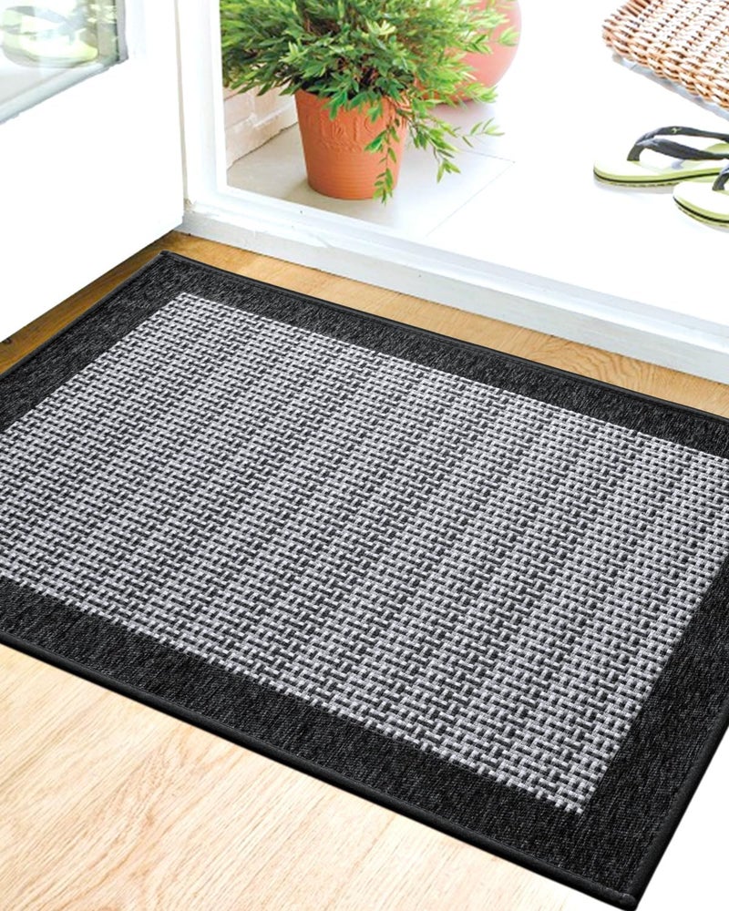 LUMI Premium Silk Blend Door Mat Indoor Entrance  Rubber Backing Doormat  Non Slip Absorbent Low-Profile Rugs for Entryway  Captures Dirt Patio Entrance Mat  20''x32''  Black - Image 1