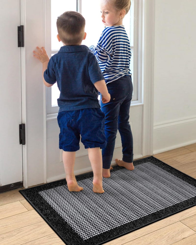 LUMI Premium Silk Blend Door Mat Indoor Entrance  Rubber Backing Doormat  Non Slip Absorbent Low-Profile Rugs for Entryway  Captures Dirt Patio Entrance Mat  20''x32''  Black - Image 3