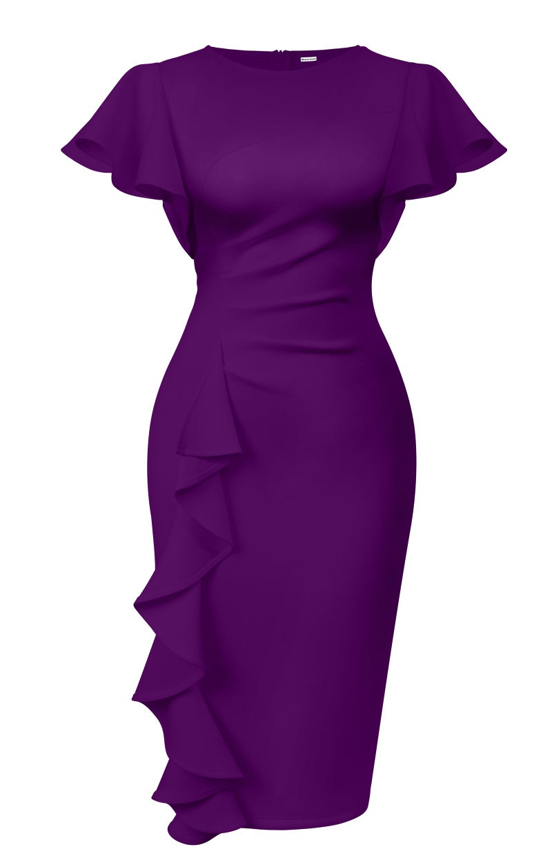 Memoriesea Women's Vintage Church Ruffle Sleeve Ruched Bodycon Work Midi Pencil Dress Purple - Image 1