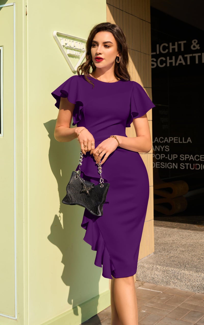 Memoriesea Women's Vintage Church Ruffle Sleeve Ruched Bodycon Work Midi Pencil Dress Purple - Image 5