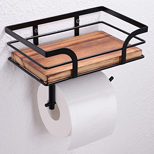 AIDILI AIDILI Rustic Farmhouse Toilet Paper Holder with Shelf  Farmhouse Bathroom Rustic Country Decor  Rustic Bathroom Accessories with Warm Brown Wood Shelf for WipesCell PhoneReading Black Metal