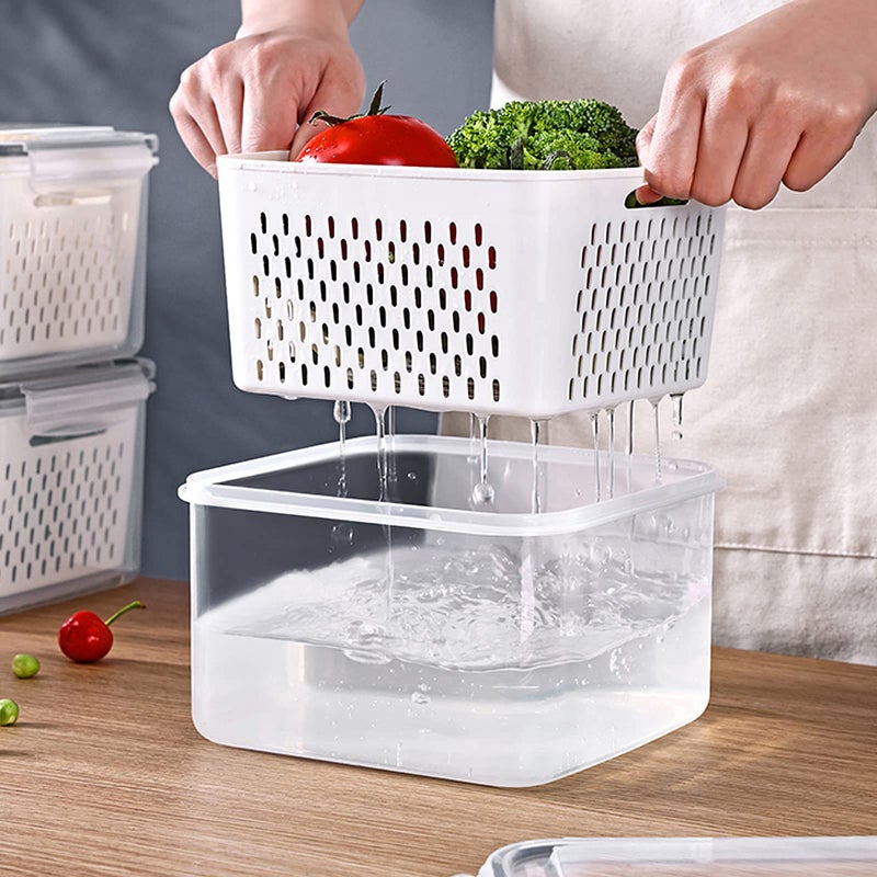 Ronanemon 3Pack Fridge Food Storage Container Set with Lids with Strainer,Plastic Fresh Produce Saver Vegetable Fruit Meat Storage Organization, BPA-Free Plastic Produce Keepers(3.15L+1.7L+0.8L) - Image 3