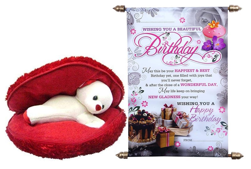 Saugat Traders Birthday Gift for GirlfriendWife Teddy Bear in Red Heart Cushion Birthday Scroll Card BirthdayLove Gift for GirlsGirlfriendWifeBest Friend - Image 1
