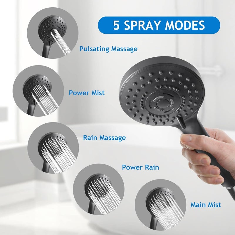 PinWin High/Low Pressure Water Rain Shower Head with 11 Inch Adjustable Extension Arm and 5 Settings Handheld Shower Head Combo,Powerful Shower Spray - Matte Black, 12 Inch - Image 3