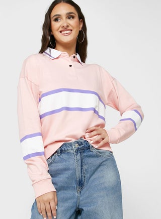 Polo Neck Varsity Style Colorblock Sweatshirt