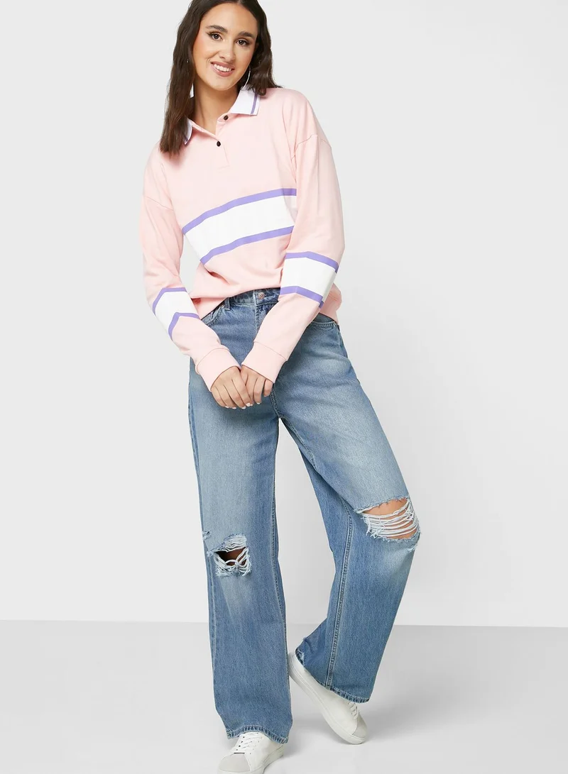 Ginger Polo Neck Varsity Style Colorblock Sweatshirt