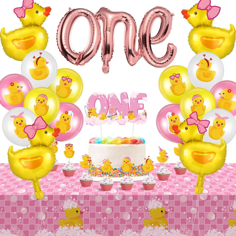 Glimin 44 Pcs Duck 1st Birthday Decorations Yellow Duck Rubber Latex Foil Balloon One Birthday Cake Topper Tablecloths Party DecorCute - Image 2