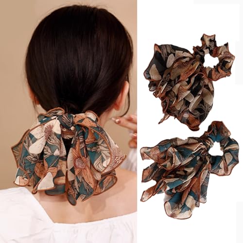 Melodio 2 Pack Floral Chiffon Scrunchies with Big Bow, Boho Hair Scrunchy Scarf Hair Ties for Women & Girls, Elastic Hair Accessories for Daily, Party, Festival (Vintage Floral Prints) - Image 1