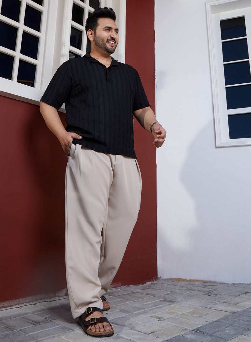 Instafab Plus Men's Saltbox Beige Straight Pleated Trousers For Casual Wear | Mid-Rise | Straight Fit | Button Closure | Plus Size Trousers Crafted With Comfort Fit For Everyday Wear - Image 5