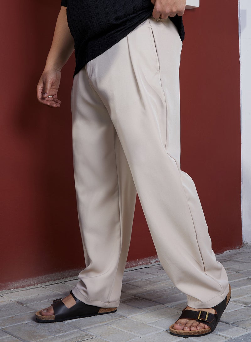 Instafab Plus Men's Saltbox Beige Straight Pleated Trousers For Casual Wear | Mid-Rise | Straight Fit | Button Closure | Plus Size Trousers Crafted With Comfort Fit For Everyday Wear - Image 3