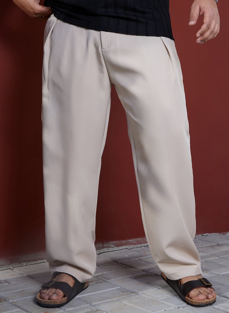 Instafab Plus Men's Saltbox Beige Straight Pleated Trousers For Casual Wear | Mid-Rise | Straight Fit | Button Closure | Plus Size Trousers Crafted With Comfort Fit For Everyday Wear - Image 2