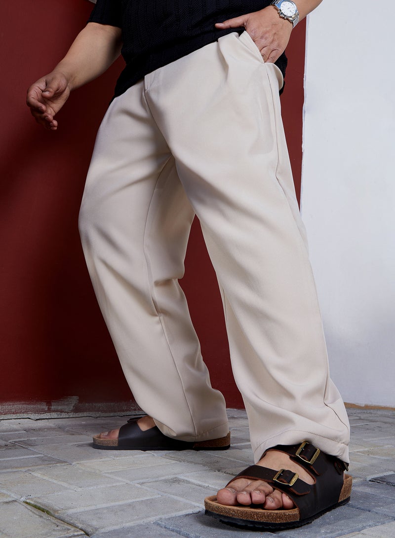 Instafab Plus Men's Saltbox Beige Straight Pleated Trousers For Casual Wear | Mid-Rise | Straight Fit | Button Closure | Plus Size Trousers Crafted With Comfort Fit For Everyday Wear - Image 1