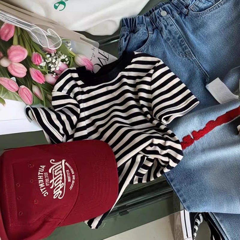 Girls T-Shirt 2024 Style Kidsren'S Style Tops Baby Girl Versatile Stripesd Cotton Short-Sleeved Bottoming Shirt Trbottomy - Image 5