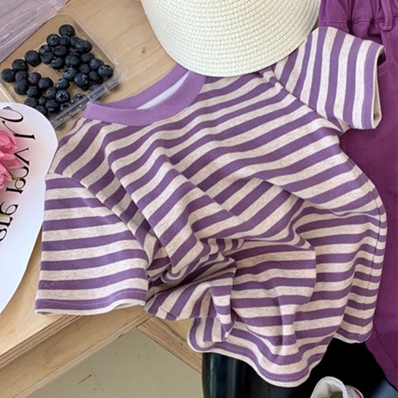 Girls T-Shirt 2024 Style Kidsren'S Style Tops Baby Girl Versatile Stripesd Cotton Short-Sleeved Bottoming Shirt Trbottomy - Image 1