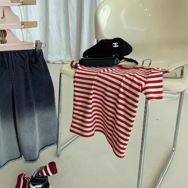 Girls T-Shirt 2024 Style Kidsren'S Style Tops Baby Girl Versatile Stripesd Cotton Short-Sleeved Bottoming Shirt Trbottomy - Image 4