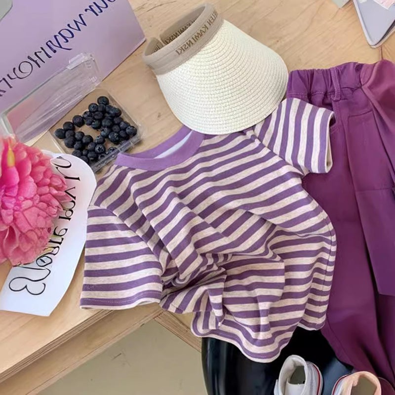 Girls T-Shirt 2024 Style Kidsren'S Style Tops Baby Girl Versatile Stripesd Cotton Short-Sleeved Bottoming Shirt Trbottomy - Image 2
