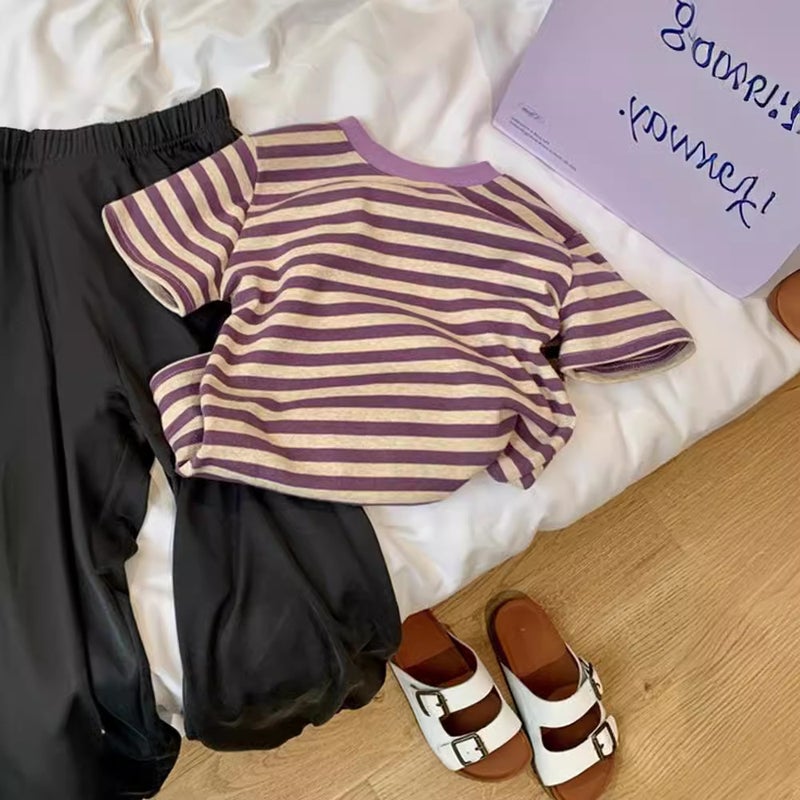 Girls T-Shirt 2024 Style Kidsren'S Style Tops Baby Girl Versatile Stripesd Cotton Short-Sleeved Bottoming Shirt Trbottomy - Image 3