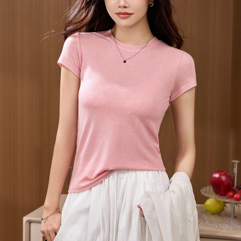 # Tencel Wool Lyocell# Thin Soft Waxy Skin-Friendly Transparent T-Shirt Women'S Summer Short-Sleeved Loose Slim Top - Image 1