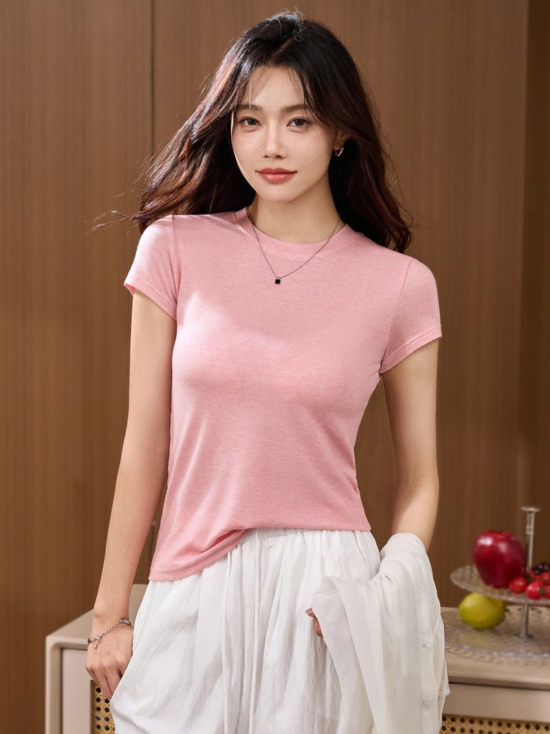 # Tencel Wool Lyocell# Thin Soft Waxy Skin-Friendly Transparent T-Shirt Women'S Summer Short-Sleeved Loose Slim Top - Image 5
